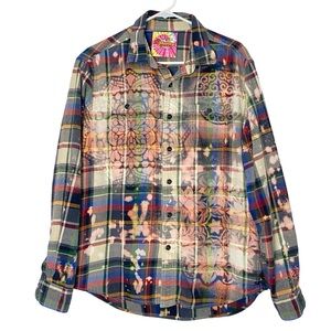 Upcycled Bleached Flannel Shirt Mens Size Medium Unisex Colorful Handmade Floral